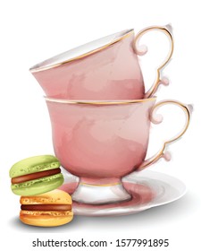 Pink watercolor tea cups with macaroon sweets. Vector