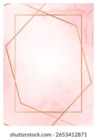 Pink watercolor texture background featuring a golden geometric frame, creating an elegant and modern design with ample copy space for text or other elements