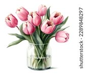 Pink watercolor Tulips bouquet in a glass vase on a white background