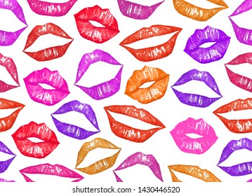 Pink watercolor vector lips seamless pattern Hand made illustration. Half-open lips