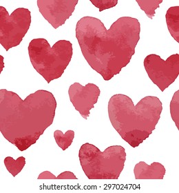 Pink watercolour hearts on white, seamless pattern