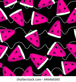 Pink watermelon black background. pattern. vector