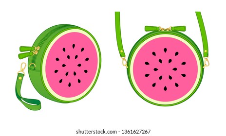 pink watermelon circle bag, round purse, double slider zipper bag, daily zip pouch with detachable shoulder strap/ detachable wrist strap, vector illustration sketch template