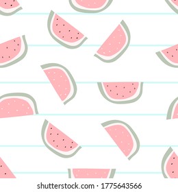 Pink watermelon slice with bones design on striped blue background seamless pattern wallpaper backdrop. Vector stock illustation	