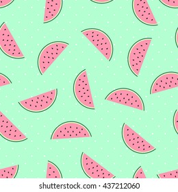 Pink watermelon slices seamless pattern on mint green polka dots background. Cute fruit pattern. Summer food vector illustration. Fashion design for textile, wallpaper, web, fabric and decor.