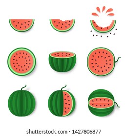 Pink watermelon whole, half and cut set isolated on white background. Healthy food trendy design . Fruit illustration for farm market menu.Paper cut style vector illustration.