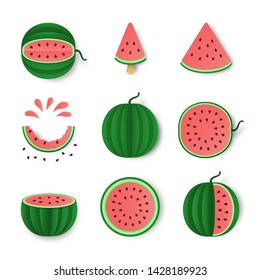 Pink watermelon whole, half and cut set isolated on white background. Healthy food trendy design . Fruit illustration for farm market menu.Paper cut style vector illustration