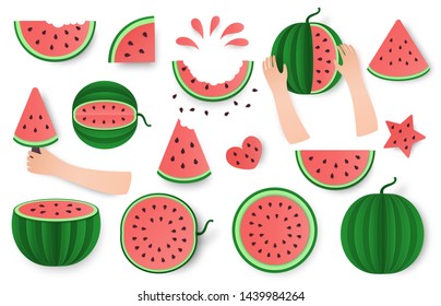 Pink watermelon whole, half and cut set isolated on white background. Healthy food trendy design . Fruit illustration for farm market menu.Paper cut style vector illustration.