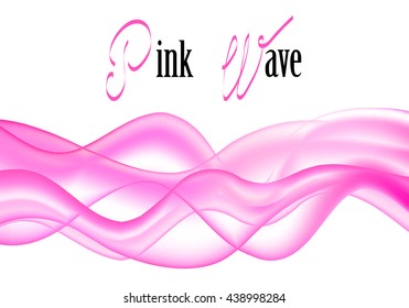 Pink wave abstract vector illustration, realistic pink water flow, paint diffusion flow in water, bubble gum color curved line, 3d wave on white background, transparent pink watercolor diffusion image