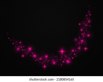 Pink wave flow glittering on transparent background. Magic light trail twinkle with flare stars.