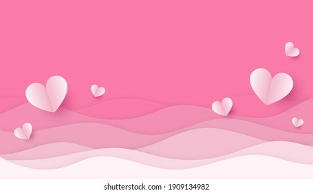 Pink wave lines curve with hearts paper for valentine's day concept vector background illustration.