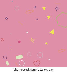 Pink Wave Oval Rectangle Circle Bright Violet Hipster Background. Stars Green Purple Blue Sweet Red Hearts Background. Simple Ring Square Orange Pastel Colorful Polygonal Geometry Illustration.