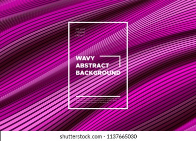 Pink Wave Poster. Abstract Geometric Background with Bright Wave Lines in Futuristic Style. Trendy Volumetric Cover with Distortion of Stripes. 3d Optical Illusion. Wave Poster for Web Design. Eps10.