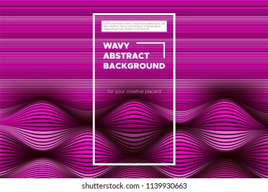 Pink Wave Poster. Abstract Geometric Background with Bright Wave Lines in Futuristic Style. Trendy Volumetric Cover with Distortion of Stripes. 3d Optical Illusion. Wave Poster for Web Design. Eps10.