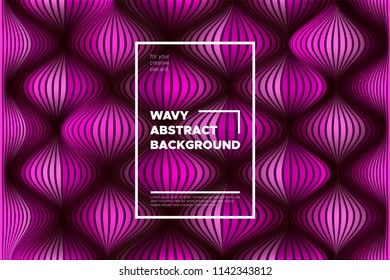 Pink Wave Poster. Abstract Geometric Background with Bright Wave Lines in Futuristic Style. Trendy Volumetric Cover with Distortion of Stripes. 3d Optical Illusion. Wave Poster for Web Design. Eps10.