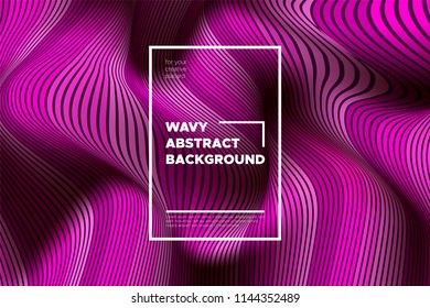 Pink Wave Poster. Abstract Geometric Background with Bright Wave Lines in Futuristic Style. Trendy Volumetric Cover with Distortion of Stripes. 3d Optical Illusion. Wave Poster for Web Design. Eps10.