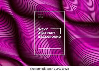 Pink Wave Poster. Abstract Geometric Background with Bright Wave Lines in Futuristic Style. Trendy Volumetric Cover with Distortion of Stripes. 3d Optical Illusion. Wave Poster for Web Design. Eps10.