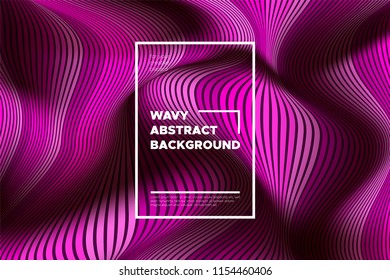 Pink Wave Poster. Abstract Geometric Background with Bright Wave Lines in Futuristic Style. Trendy Volumetric Cover with Distortion of Stripes. 3d Optical Illusion. Wave Poster for Web Design. Eps10.