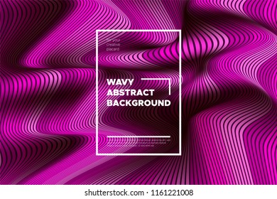 Pink Wave Poster. Abstract Geometric Background with Bright Wave Lines in Futuristic Style. Trendy Volumetric Cover with Distortion of Stripes. 3d Optical Illusion. Wave Poster for Web Design. Eps10.