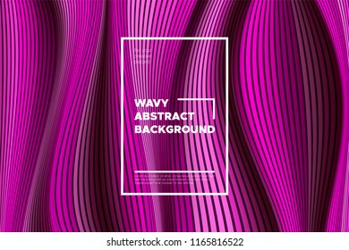 Pink Wave Poster. Abstract Geometric Background with Bright Wave Lines in Futuristic Style. Trendy Volumetric Cover with Distortion of Stripes. 3d Optical Illusion. Wave Poster for Web Design. Eps10.