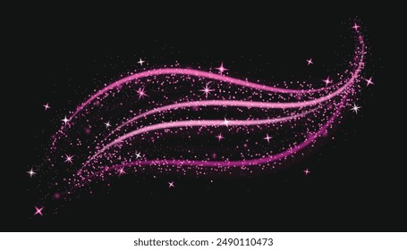 Pink wave star trail with glow sparkles and glitter. Curve line with magic shine dust or shimmer on black background. Realistic vector illustration of abstract bright glamour streak with confetti.