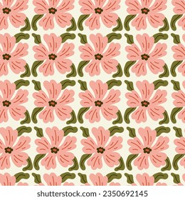 Pink wavy flower seamless pattern. Hand drawn curvy contemporary minimal art. Botanical repeat vector illustration with leaf and blossom.