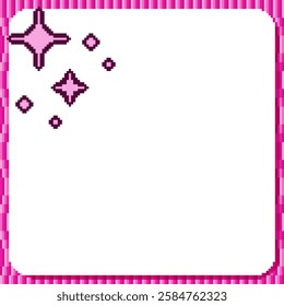 Pink Wavy Frame Background with Blinking Stars on Corner, Pixel Art Style Template