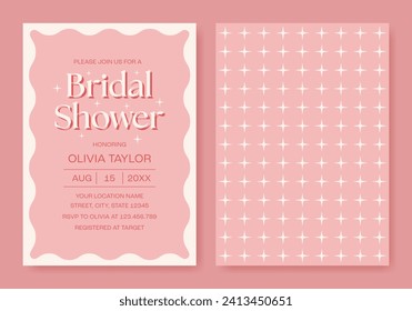 Pink wavy minimalist bridal shower invitation. Elegant retro party invitation template. Vector illustration