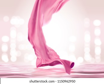 Pink wavy satin on bokeh light pink background in 3d illustration