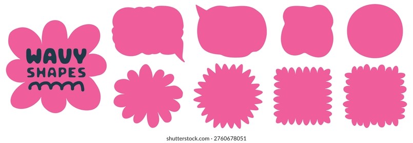 Pink wavy shapes, speech bubbles and floral silhouette forms. Trendy organic hand drawn stickers, fluid geometric icons, and cute design elements vector illustration isolated on transparent background