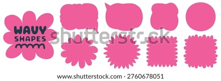 Pink wavy shapes, speech bubbles and floral silhouette forms. Trendy organic hand drawn stickers, fluid geometric icons, and cute design elements vector illustration isolated on transparent background