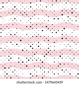 Pink wavy stripes, waves, streaks and dark high contrast polka dots. EPS 10