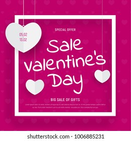 Pink web banner template for Valentine's Day sale. Design of a square postcard, with a white frame, text and hearts on a thread.