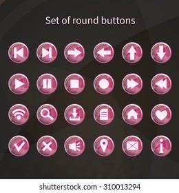 Pink web or game icons on round buttons. Glossy and shiny interface elements for your design.