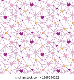 Pink web of hearts seamless repeat pattern. Great for Valentines Day or wedding invitations, cards, backgrounds, gifts, packaging design projects. Surface pattern design.