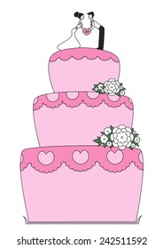 Pink wedding cake with bride and groom. Vector illustration, eps8.