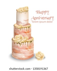 Pink wedding cake with flowers Vector watercolor. Vintage delicious white cake with decorations