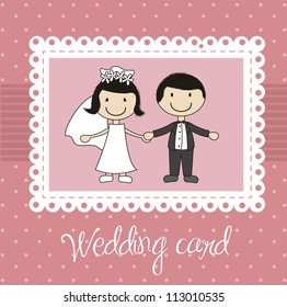 pink wedding card with cute couple. vector illustration