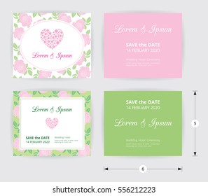 Pink wedding card template heart icon, white name label on pastel rose shape pattern blue background, vintage design frame and dotted border, ready to print with save the date demo text box