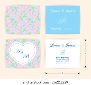 Pink wedding card template heart icon, white name label on pastel rose shape pattern blue background, vintage design frame and dotted border, ready to print with save the date demo text box