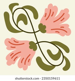 Pink wedding flowers in Matisse style. Cute contemporary art with wavy blossoms and leaves. Hand drawn botanical vector illustration for invitation, greeting card, poster, banner