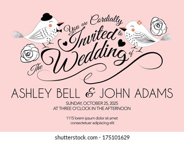 Pink Wedding Invitation Card with Bird in Vector
