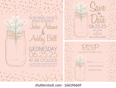 Pink Wedding Invitation Card Design Collection with Mason Jar in Vector