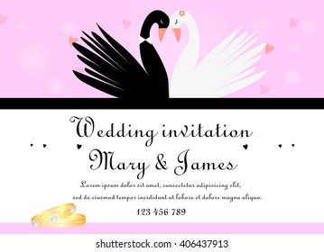 Pink Wedding Invitation Card with Swan in Vector