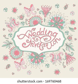 Pink wedding invitation with flowers. Vector illustration