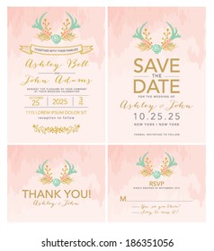 Pink Wedding Invitation Set with Antlers in Vector 