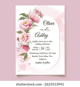 Pink wedding invitation template with elegant peonies flower frame and splash background for romantic floral designs and celebration themes