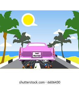 Pink wedding limousine with palms and sea beach