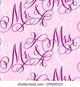 Pink wedding seamless pattern with hand-written traditional words "Mr. and Mrs."