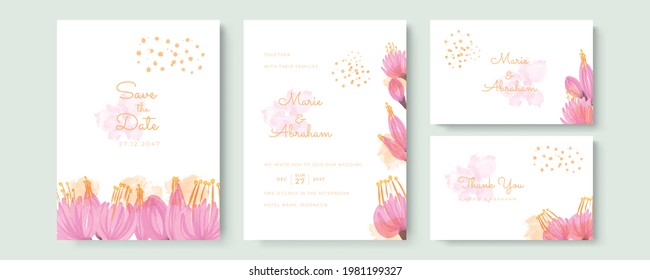 Pink wedding template with watercolor style design for your invitation card, greeting card, banner poster, social media post and much more. Vector illustration in paster and pink lovely theme